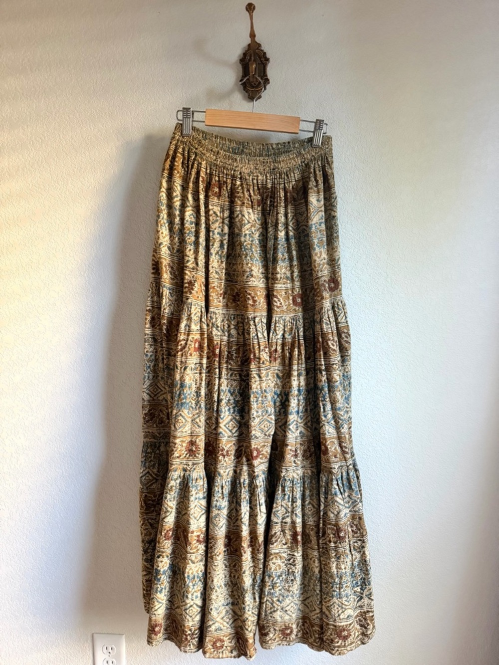 Double D Ranch Beige Maxi Skirt with Brown & Blue Print